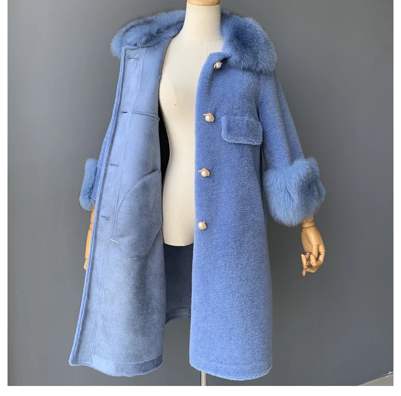 MAOMAOFUR/шерстяное пальто для женщин с натуральным лисьим меховым воротником и манжетами; теплая верхняя одежда для женщин; Новая модная длинная стильная куртка из натурального овечьего меха