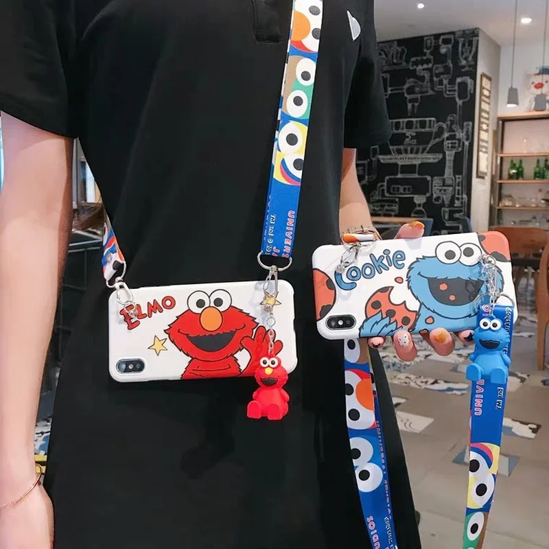 

Cute Cartoon Cookie Elmo Cases for Redmi Note 7 Coque Soft IMD Holder Case for Xiaomi MI8 9 A2 6X Diagonal Cross Lanyard Case