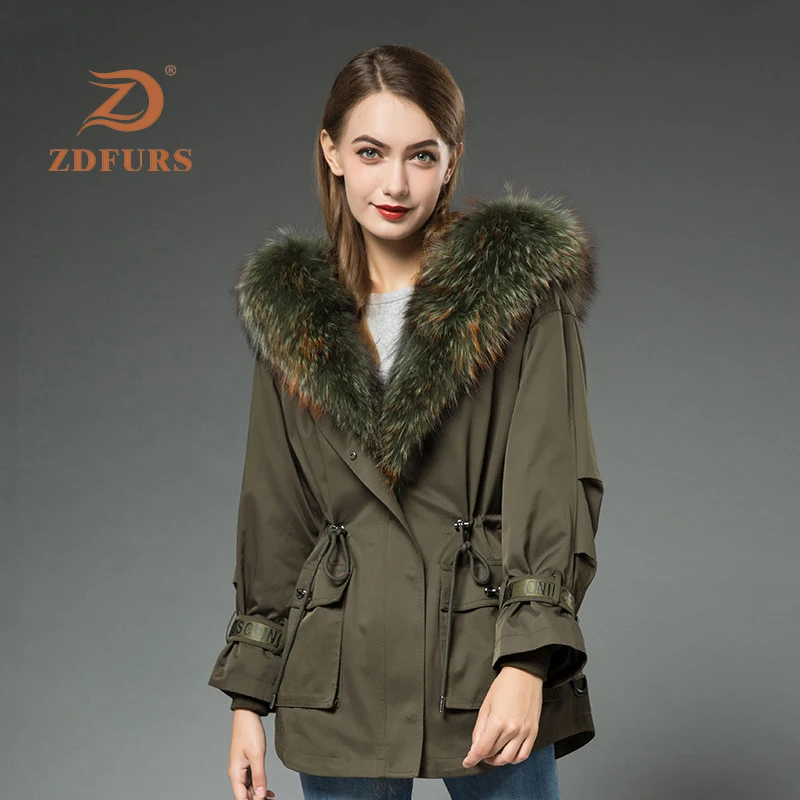 ZDFURS* Настоящий мех кролика Парка женская зимняя короткая куртка мех енота с капюшоном в полоску съемная внутренняя теплая Модная теплая