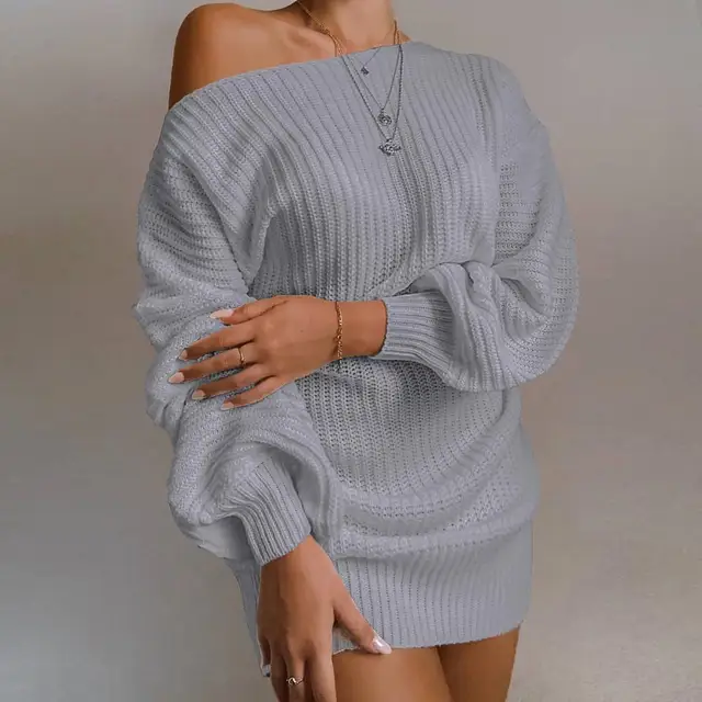 The hottest ladies casual off-shoulder lantern sleeve knitted sweater dress 6