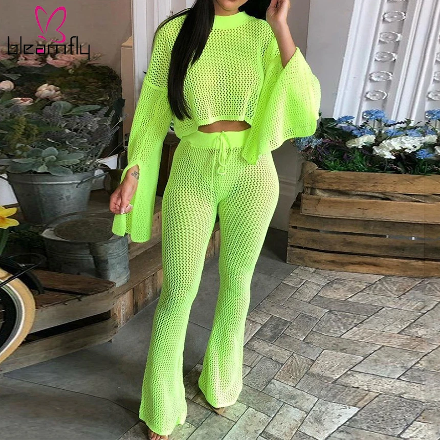 

Hollow Out Neon Green Two Piece Outfits Knitted O-neck Flare Sleeve Crop Top + Flare Pants Sets Women Casual Suits Streetwear