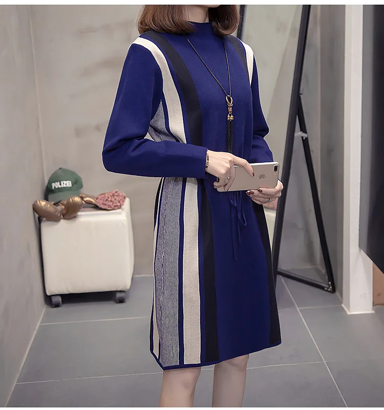 New Autumn Winter Women Knitted A-line Dress Fashion Striped Patchwork Dresses Plus Size Casual Ladies Pull femme Vestidos L4344