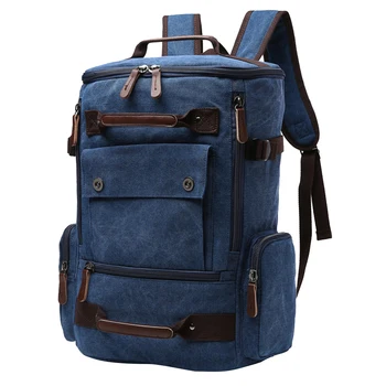 

Men Solid School Bag Multi Pocket Casual Camping Top Handle Travel Large Capacity Canvas Students Backpack Laptop With Button