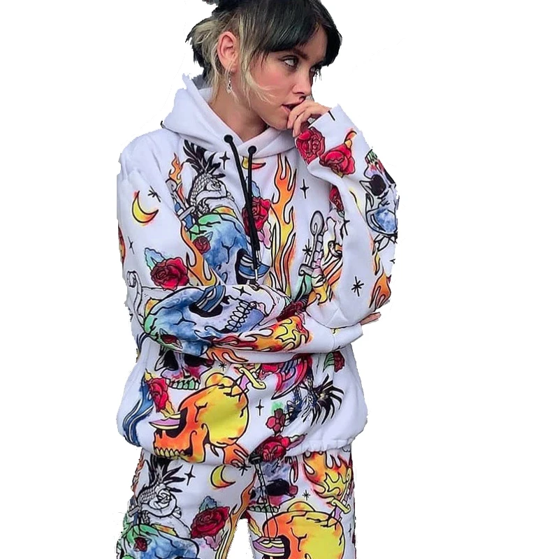 Sweatshirt Hoodies Streetwear Women Pullover Clothing Autumn Winter Digital Printing White Black Hooded Loose Female Top Leisure
