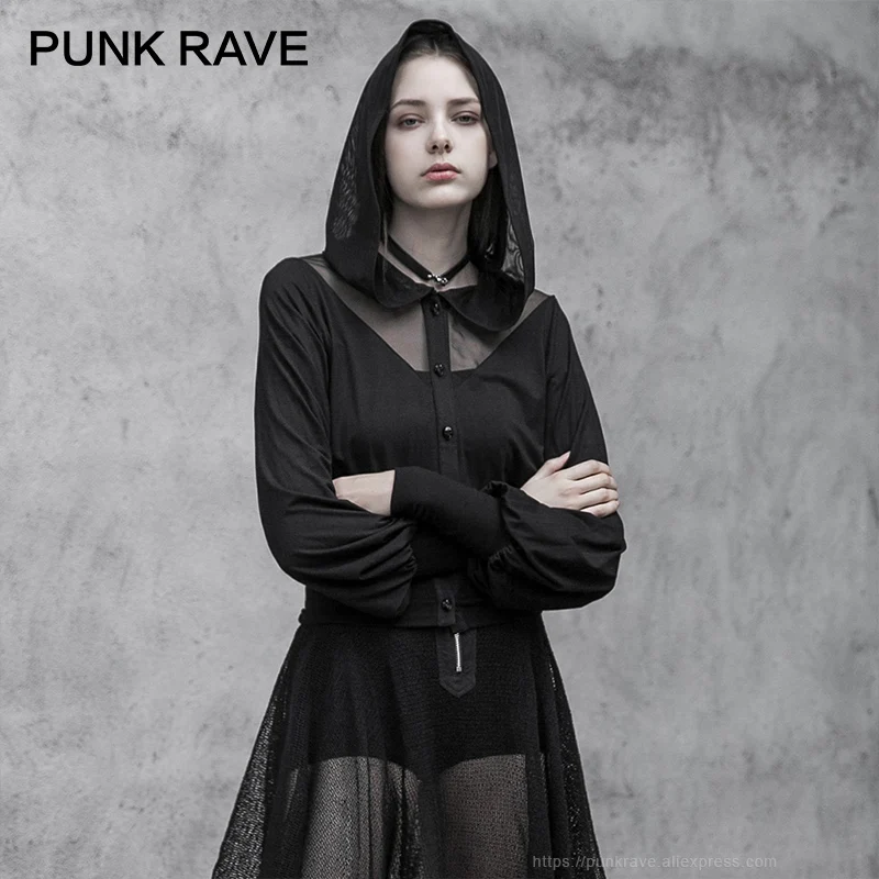 PUNK RAVE Women's Sexy V-neck Gothic Mesh Stitching Perspective Knitted Breathable Punk Fashion Casual Hooded Short Jacket Coat | Женская