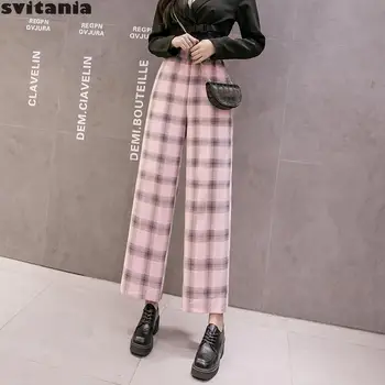 

Svitania Summer Female Chiffon High Waist Plaid Loose Straight Ankle-length Pants