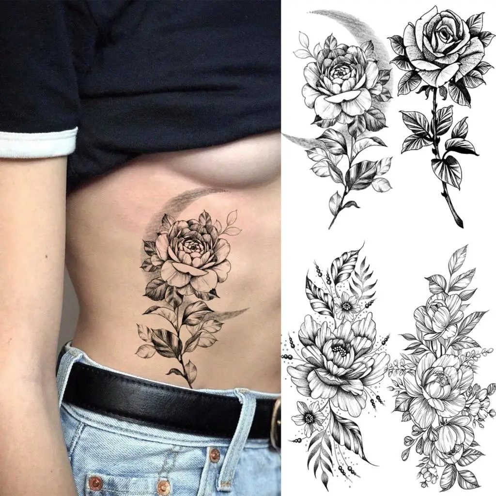 

Realistic Rose Flower Moon Sexy Waist Temporary Tattoos For Women Adult Girl Dahlia Peony Fake Tattoo Forearm Waterproof Tatoos