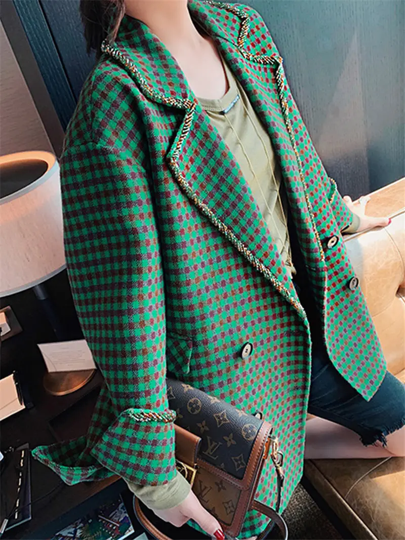Модное клетчатое шерстяное пальто из твида, украшенное бусинами г. Осенне-зимний свободный зеленый шерстяной Блейзер женская новая верхняя одежда f2049 - Цвет: green plaid