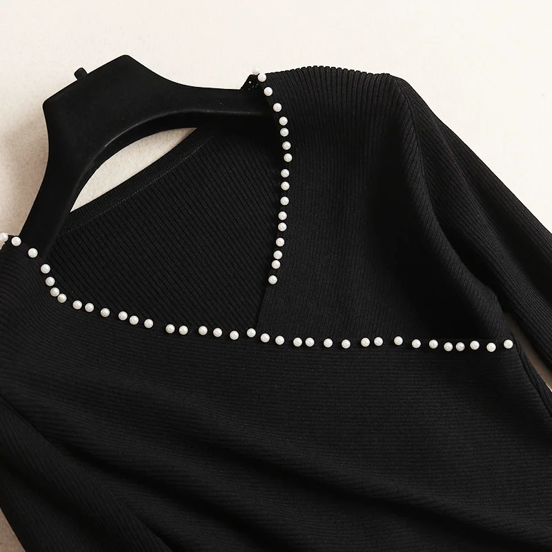 new autumn black knit sweater tops pearls beading V-neck pullovers+ floral print skirts suit two piece set