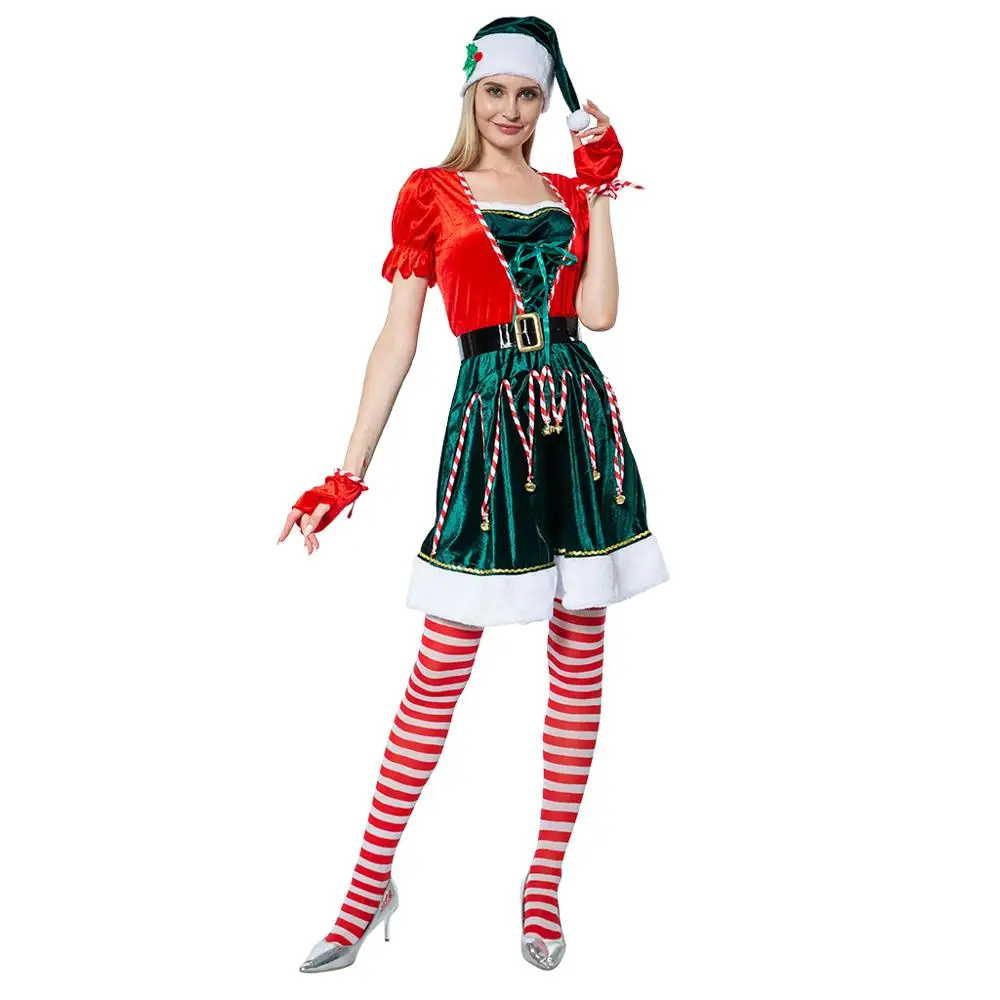 Eraspooky Deluxe Год Вечерние Санта Клаус Платье для косплея зеленый Рождественский костюм эльфа для Для женщин Взрослый шляпка к Рождеству детские колготки - Цвет: as picture