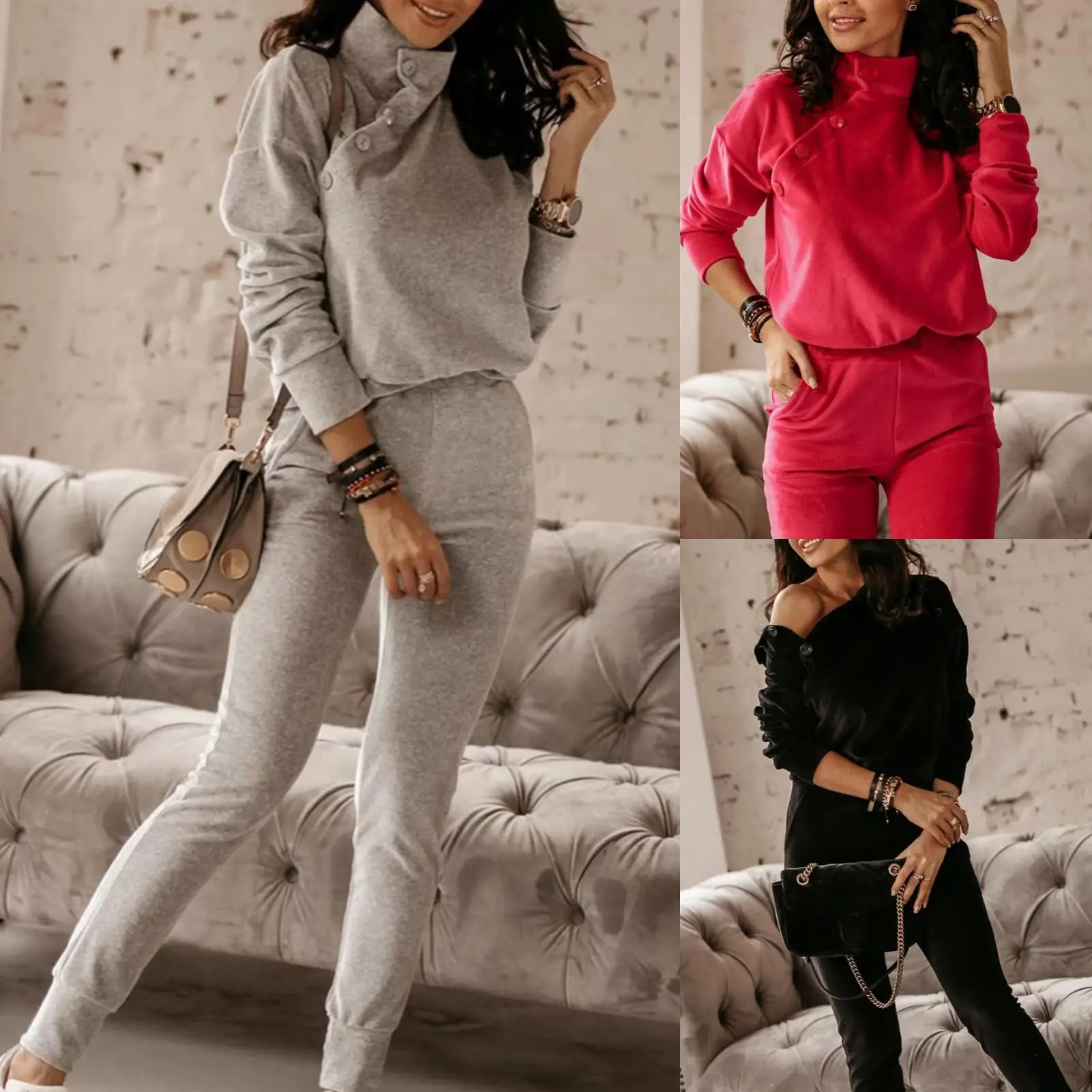 

Women Long Sleeve Turtle Neck Buttons Blouse Sweatshirt Pants Tracksuit Outfit