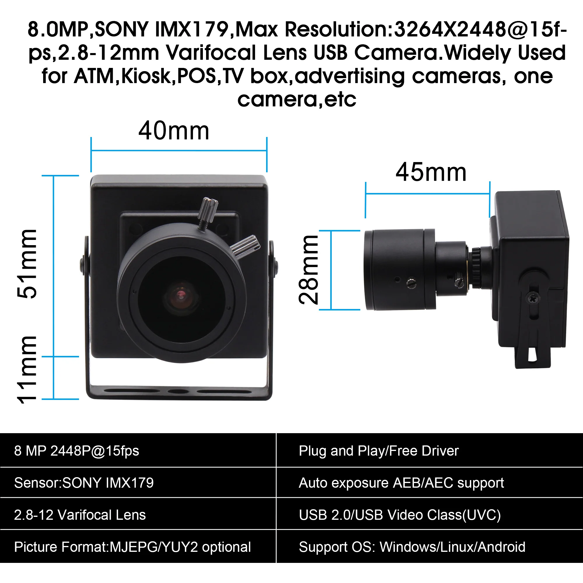 ELP HD веб камера CMOS IMX179 8MP 3264X2448 2 8 12 мм с переменным фокусным расстоянием USB для