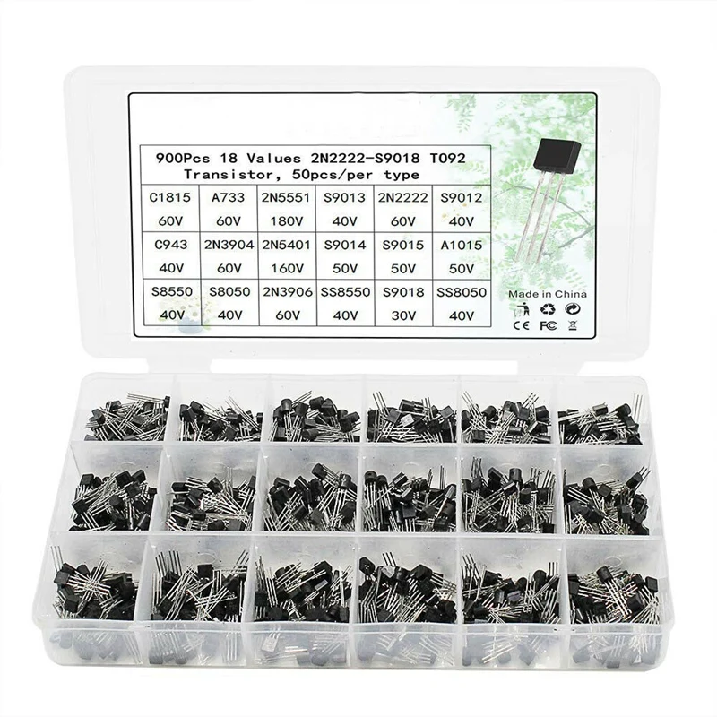18Values 900Pcs TO 92 Transistor Assortment Kit A1015 2N2222 C1815 S8050 2N3904 2N3906 S9012 NPN PNP Transistors Set