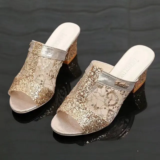 

2018 Spring New Style Korean-style Fish Mouth Chunky-Heel Student Slippers Women's Gauze Sequin Anti-slip High-Heel Women's Sand