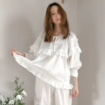 

2 Piece White hollow out Lace Women Pajamas Set Sleepwear Autumn Winter Sweet Leisure Long Sleeve Cotton Pyjamas Homewear Suit