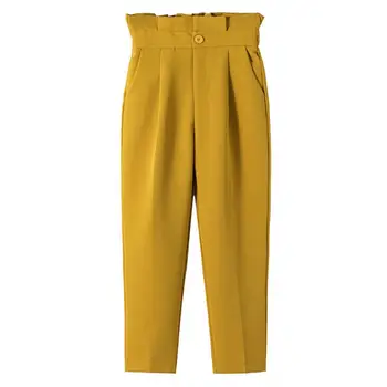 

Plus Size Belted Frilled Waist formal Ankle Length Pants Office Lady Wear Trousers Button Fly Capris Pantalones r128