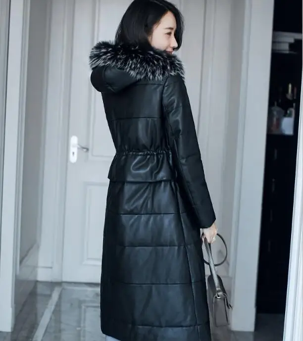 

Geniune Leather Jacket Sheepskin Leather Duck Down Jacket Women Hooded Winter Warm Thickening Long Outwear 2020 MF303