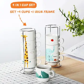 

4 Cups + 1 Cup Holder Creative Office Drinking Cup Tea Cup Home Set Mug Ceramic Cup Simple Coffee Cup Family Saves Space