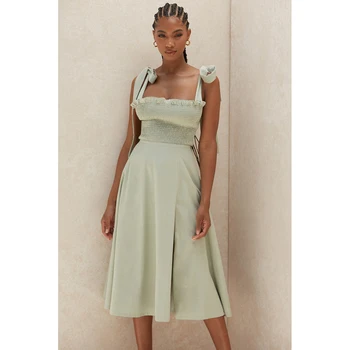 

CIEMIILI new arrival summer dress suspenders pleated tube top high waist solid color dress fashionable casual travel clothing