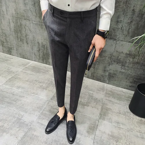 Dark Gray Мужская мода сплошной цвет высокого класса мужской костюм брюки/мужские деловые повседневные высококачественные мужские брюки тонкие девять брюки - Цвет: Dark Gray