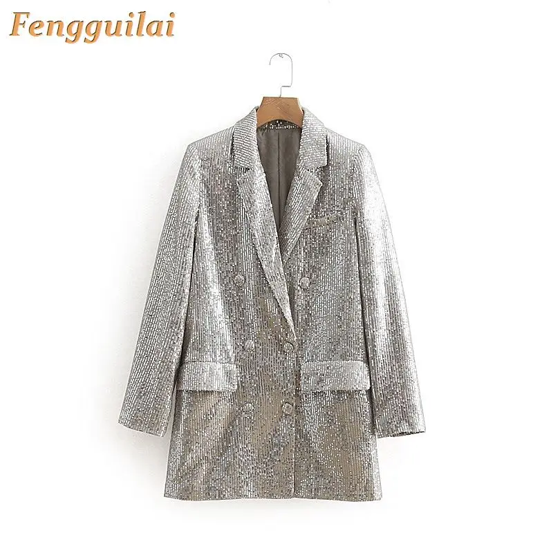 FENGGUILAI Double Breasted Blazer Sequins Club Blazer Long Sleeve Suit Coat Jacket Chic Women BlingBling Blazers Female