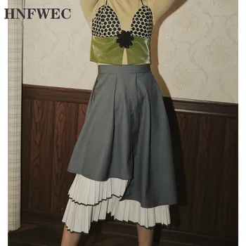 

2020 Designer Pleated Skirt Long Patchwork Grey High Waist Midi Skirt For Women Korean Fashion Style Clothing P027