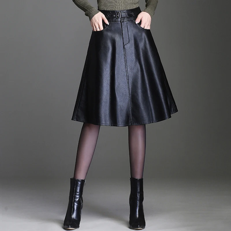 

Autumn and Winter 2021 Women's Mid-length High Waist Faux Leather Slim Korean Version Umbrella Skirt Black Color 4XL Avaliable