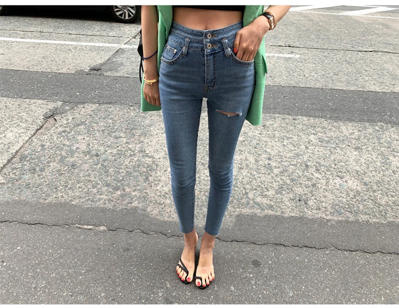 QoerliN Высокая талия обтягивающие модные джинсы для женщин в стиле бойфренд с дырками в винтажном стиле для девочек Узкие рваные джинсовые брюки-карандаш синие узкие брюки