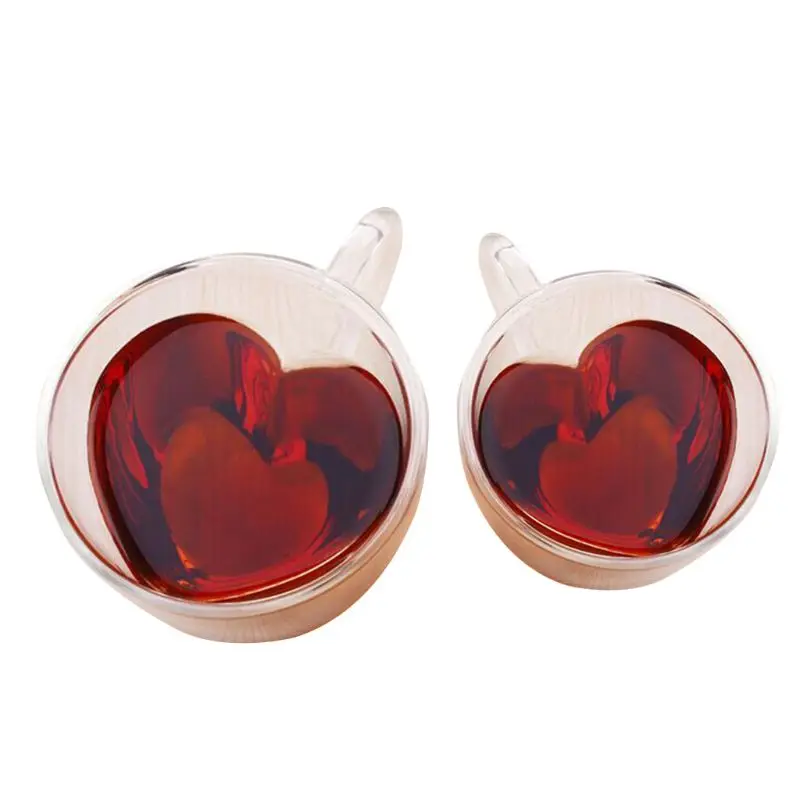 Heart Shaped Double Walled Insulated Glass Coffee Mugs or Tea Cups Double Wall Glass10 oz - Clear Unique & Insulated with Handle