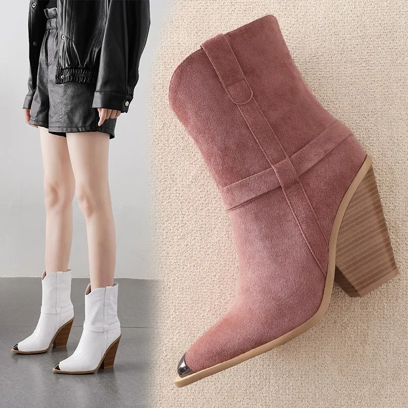 Большие размеры 33-46; Новинка года; женские ботинки; ботильоны без застежки на Высоком толстом каблуке; осенне-зимняя обувь с острым носком; женские ковбойские ботинки