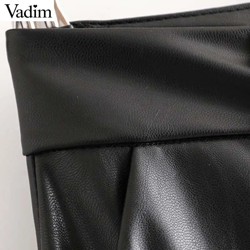 Vadim женские шикарные штаны из искусственной кожи с карманами на молнии, по колено, европейский стиль, женские повседневные стильные черные брюки KB169