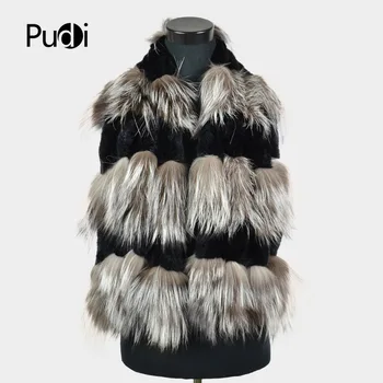 

Pudi SF730 2020 women real rabbit fur and fox fur scarf brand new girls genuine fur knit scarves rings winter warmer