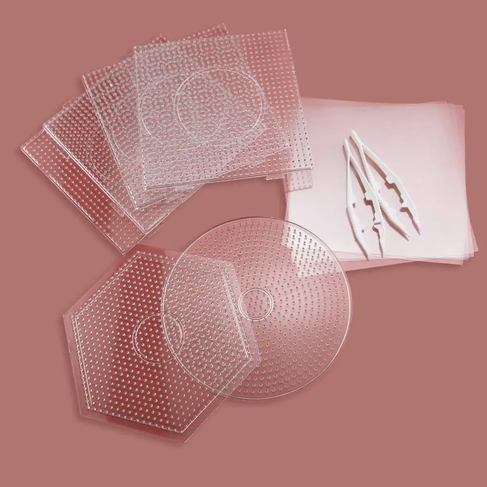 Kaufen 6Pcs 5mm Hama Perlen Pegboards Große Klare Kunststoff Sicherung Perlen Boards Mit 6 Bügeln Papier 2 Weiß perlen Pinzette Für DIY Puzzle