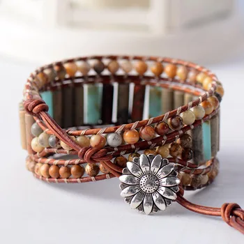 Boho Bracelet Unique Tube Shape Natural Stone 3 Layers Leather Wrap Bracelets Bohemian Women Statement Bracelet Dropshipping