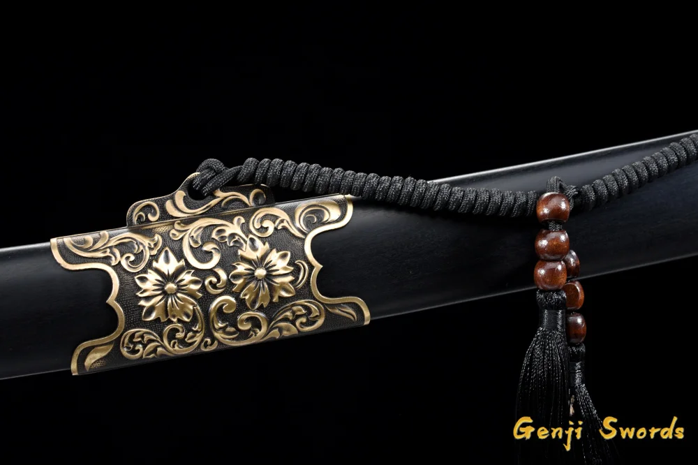 Handmade Full Tang Damascus Folded Steel Blade Chinese Qing DAO Sword Brass Fitting