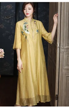 

2020 summer casual women chinese style floral printing dress embroidery elegant loose lady cotton linen short sleeve qipao dress