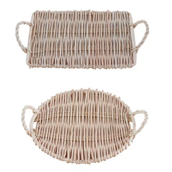 

2-Piece Set Bread Fruit Rattan Storage Tray Round Storage Baskets with Handle Hand-Woven Rattan Tray Wicker