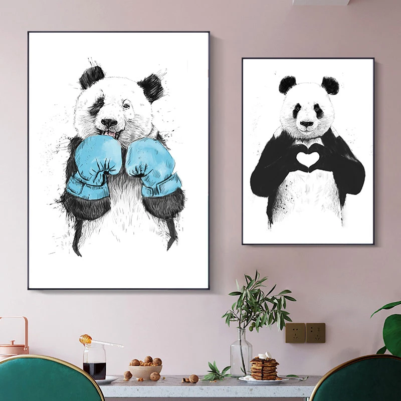 Cartoon Animal Home Decor Nordic Canvas Painting Wall Art Print Cute Panda Poster Living Room Minimalist Black White Blue Pic Painting Calligraphy Aliexpress
