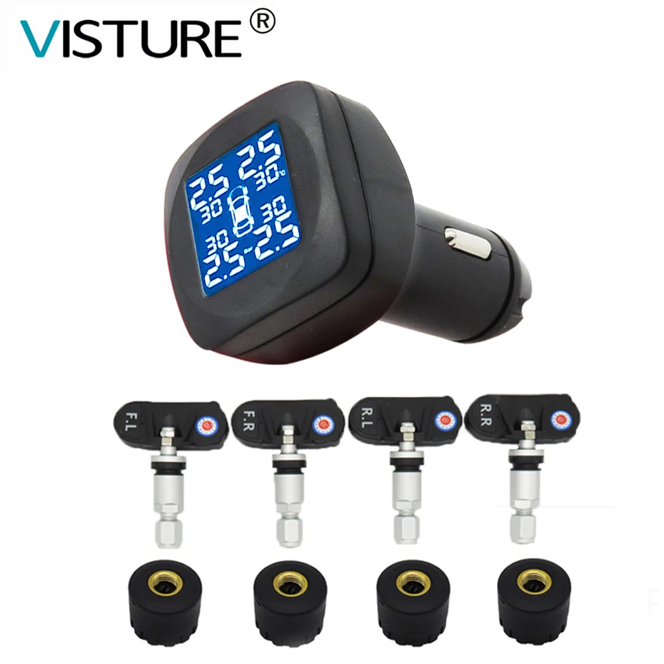 TPMS Visture T05N система контроля давления в автомобильных шинах, ЖК-дисплей, 4 внутренних датчика температуры, сигнализация, порт прикуривателя