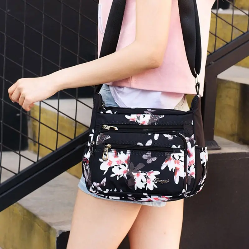 Women Handbags Crossbody Bags Women Floral Nylon Shoulder Crossbody Bag Multi Zipper Messenger Satchel Tote Purse