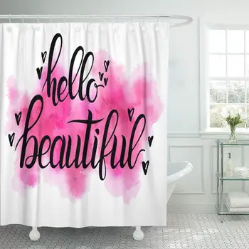 

Hello Beautiful Hand Lettering on Watercolor Pink Hearts Handwritten Shower Curtain Waterproof Polyester Fabric 60 x 72 Inches