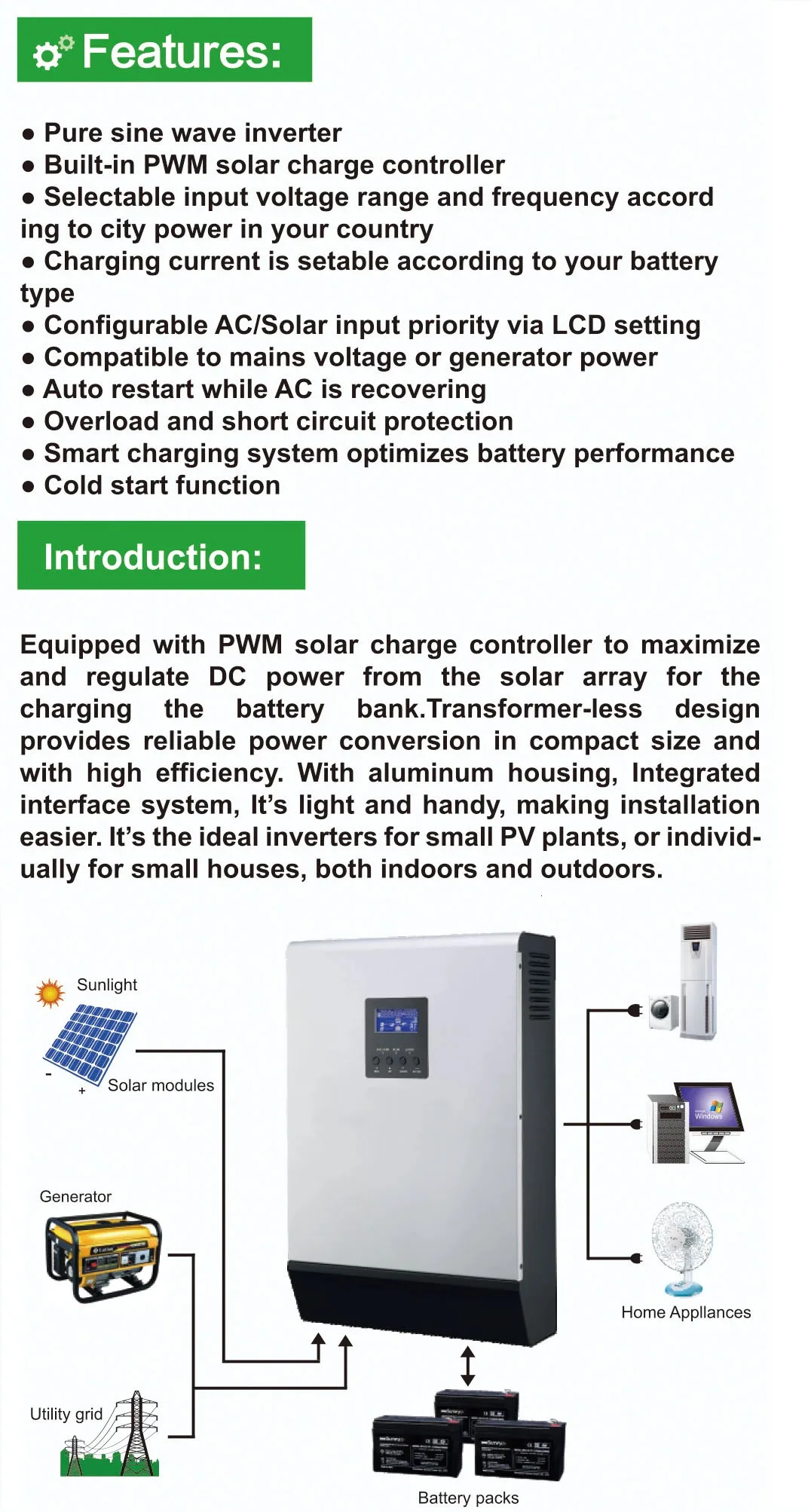 pure sine wave solar pwm inverter 5000W for PV system cold start function