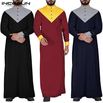 

INCERUN Men Islamic Muslim Kaftan Retro Arabic Stand Collar Patchwork Jubba Thobe Long Sleeve Men Indian Clothes Robes Plus Size