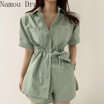 

Summer Women Sexy 2 Two Piece Set Outfits Short Sleeve Turn Down Collar Single Breasted Drawstring Blouses and High Waist Shorts