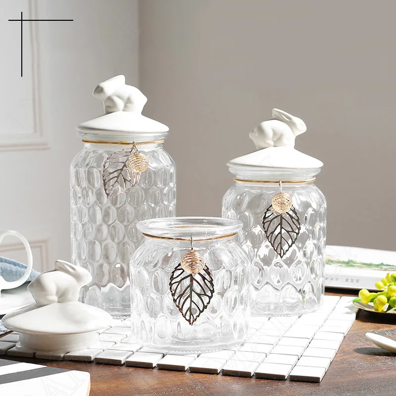 Glass with Lid Storage Jar Rabbit Candy Jars Coffee Table Tea Caddy  Grain Dispenser Home Decoration Crystal Organizer Tank 3