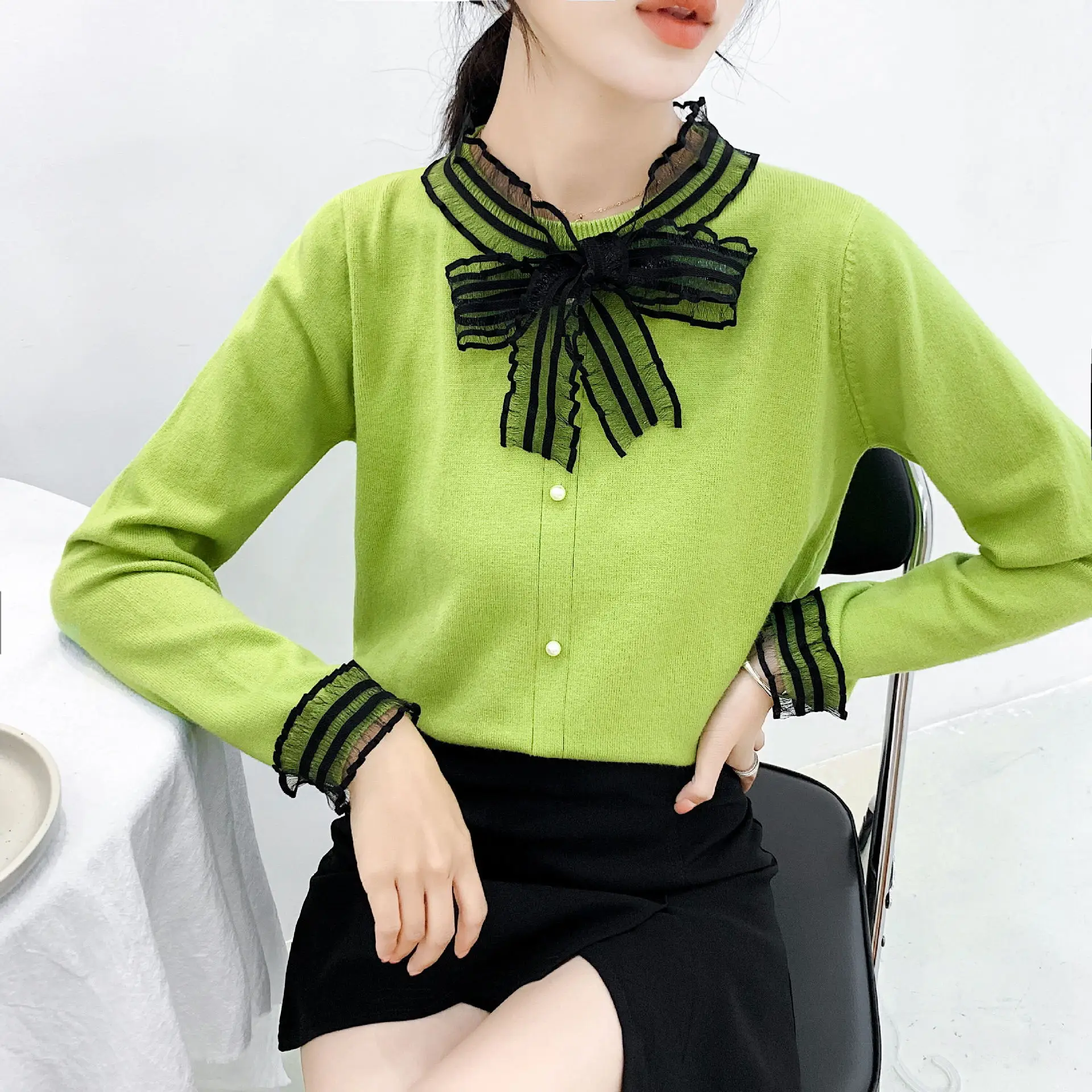 

2019 Winter & Autumn New Arrival Korean Version Sweater Bow Lace Long-sleeved Sweater Women Lace Sexy Sweater Free Shipping