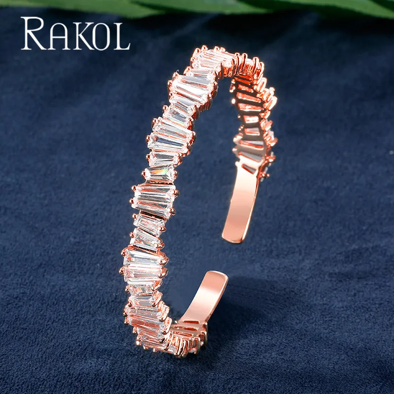 Rose Gold Color 8 RAKOL модный AAA кубический цирконий мужской женский багет Браслет манжета медная основа с золотым цветом толстые ювелирные изделия RS1138 - Окраска металла: Rose Gold Color 8