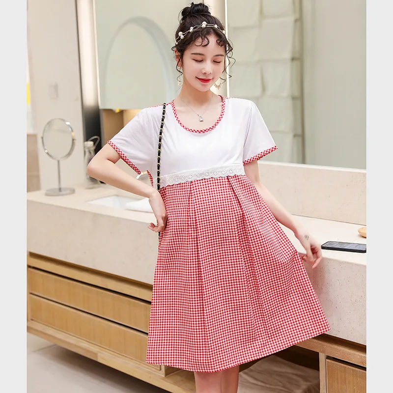 

Nursing Dress out of Fashion Postpartum Plaid Stitching Nursing Skirt Short Sleeve Feeding Clothes Summer Wear Fashion Mom Skirt