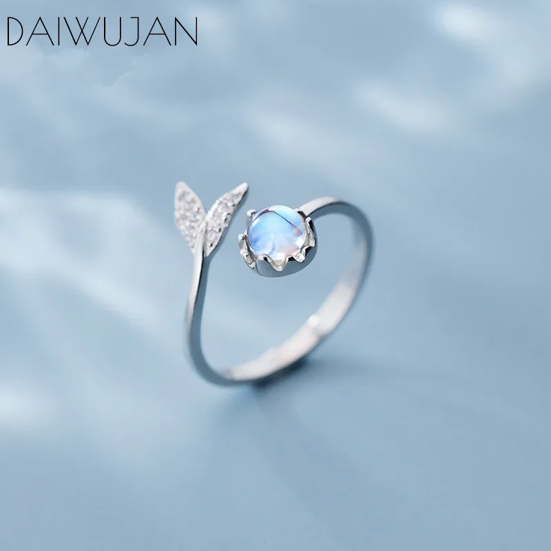 

DAIWUJAN INS 925 Sterling Silver Romantic Mermaid Tail Finger Open Rings Colorful Glass Adjustable Rings For Women Girls Jewelry
