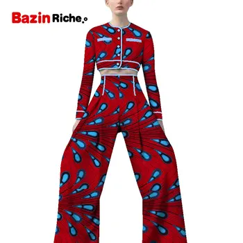 

2020 african dashiki wax spring pants set for women long sleeve crop top+wide-leg ankle lengthpants casual women set WY5115